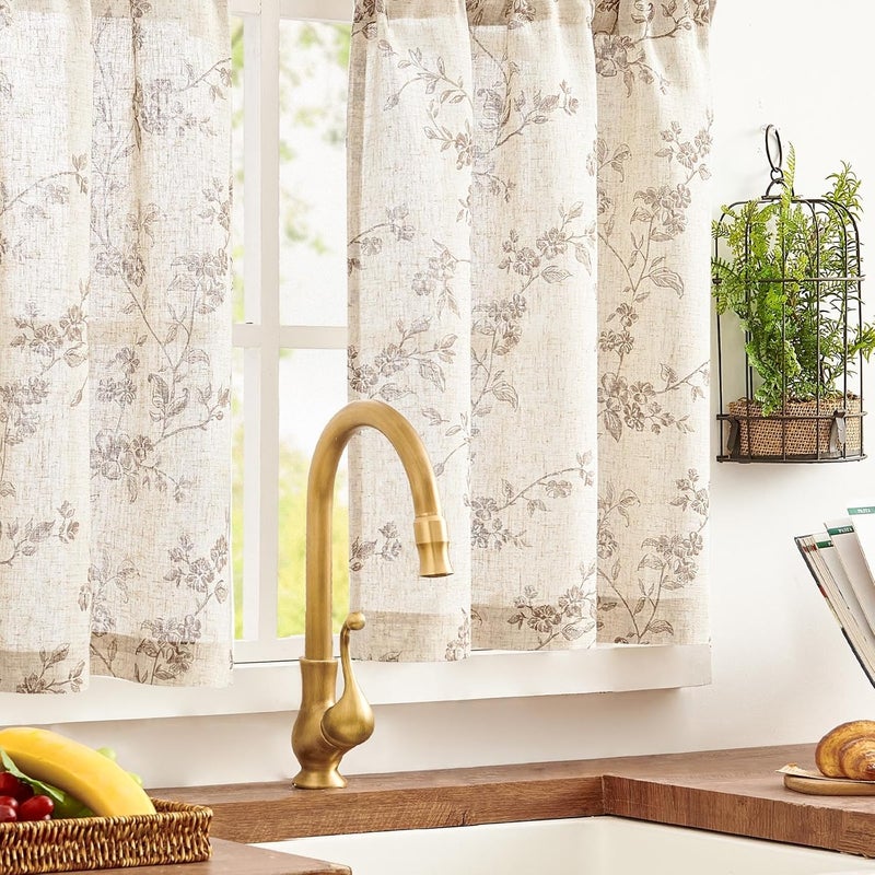 jinchan Floral Kitchen Curtains 36 Inch Linen Tier Curtains Farmhouse Cafe Half Window Drapes Over Sink Light Filtering for Living Room Laundry RV Rod Pocket 2 Panels Taupe on Beige - Image 2